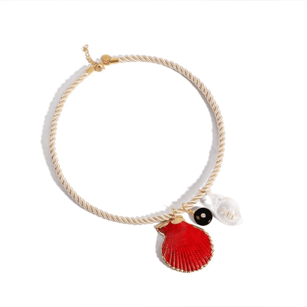Gold-Tone Rope Necklace with Red Shell Charm